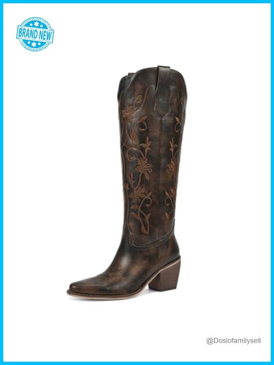 Shoes - Vintage Embroidered Cowboy Boots Knee High Block Heel Pull-On